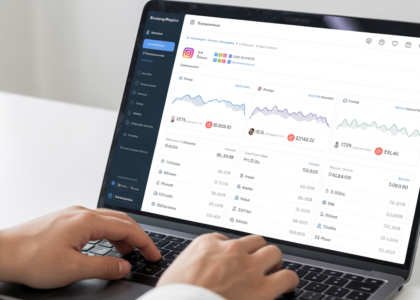 Close-up image of laptop with Instagram analytics on screen for tracking engagement and follower growth