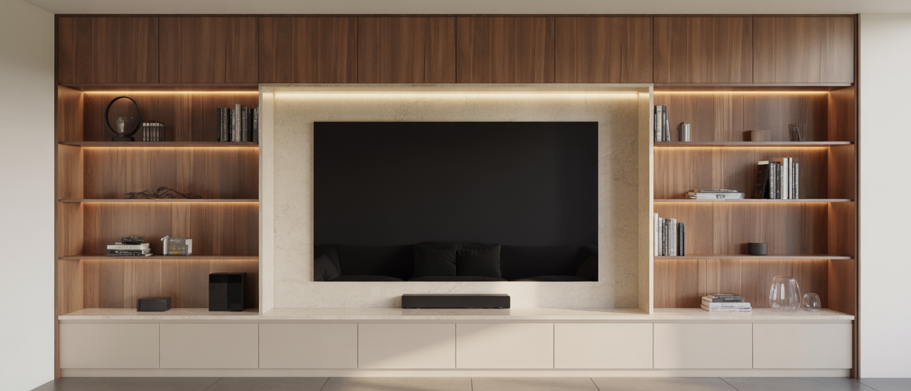 Photorealistic image of a luxury media wall in a modern living room with integrated TV, wood veneer, stone finishes, and LED lighting against a neutral background