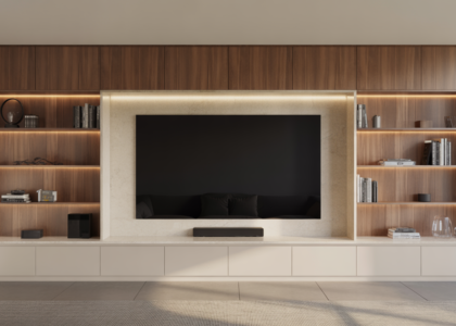 Photorealistic image of a luxury media wall in a modern living room with integrated TV, wood veneer, stone finishes, and LED lighting against a neutral background