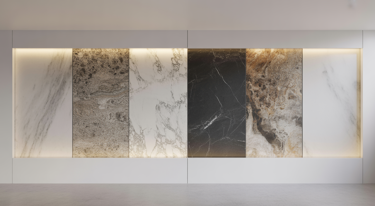 Modern luxury media wall with integrated shelving, lighting, and TV unit design